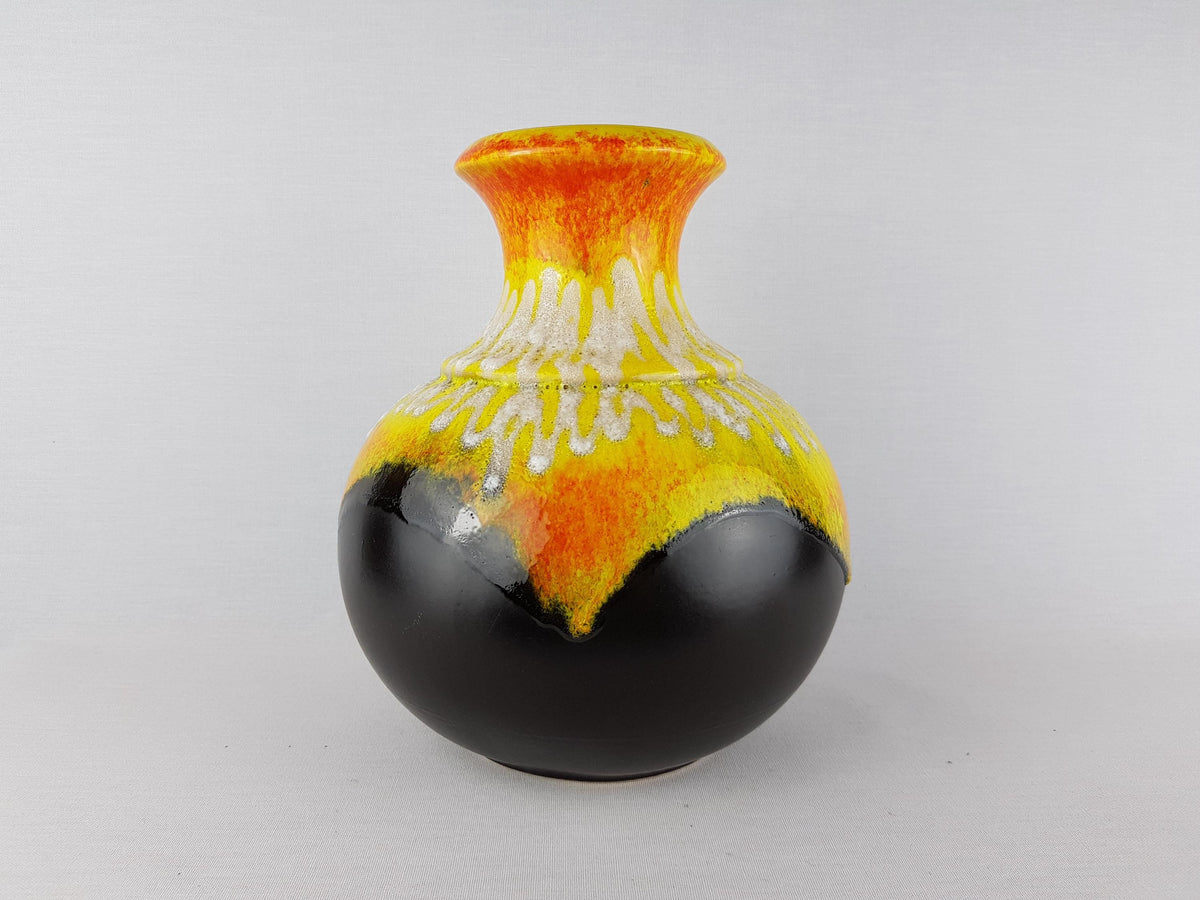 Vintage BAY KERAMIK Brown, Yellow and Orange Vase With White Fat Lava Decor 66 25 West German Pottery 1960 70s