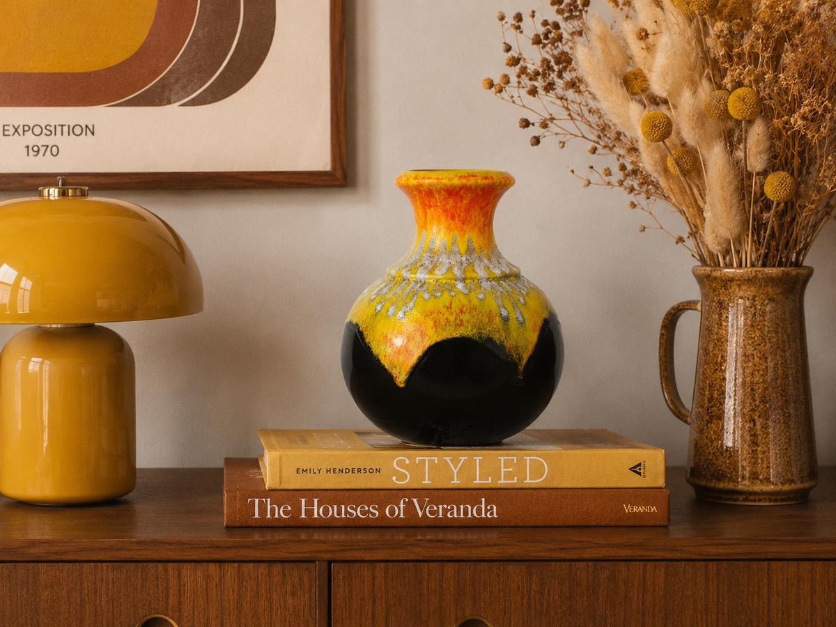 Vintage BAY KERAMIK Brown, Yellow and Orange Vase With White Fat Lava Decor 66 25 West German Pottery 1960 70s