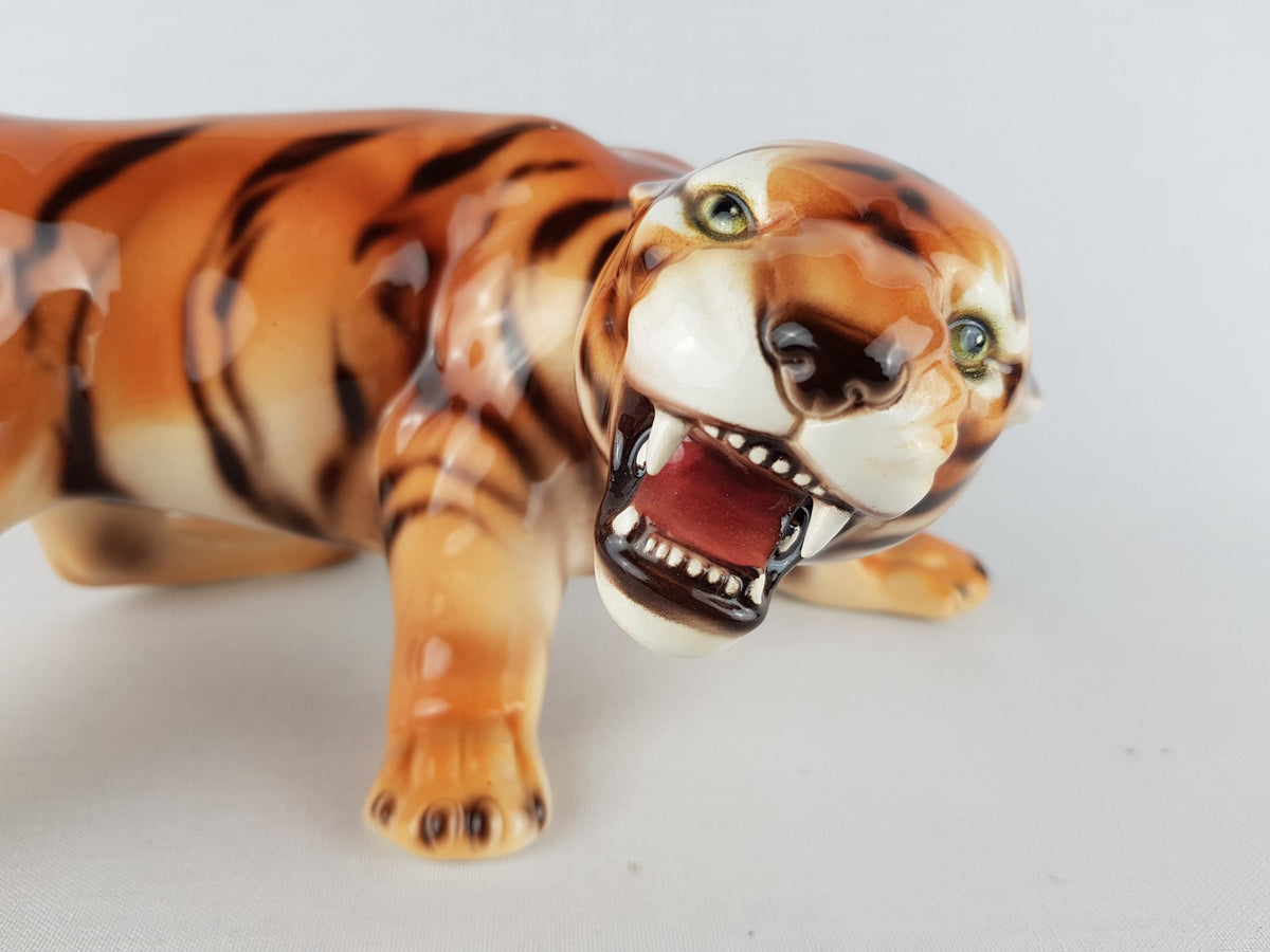 Vintage CERAMICHE BOXER Hand Painted Tiger Sculpture, Italy Hollywood Regency Ceramic Panther 1980's