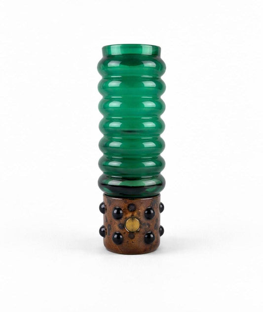 Vintage DRIBURG KRISTALL Handled Green Ribbed Vase with Copper Base "Vercuna" Serie by Theodor Hoffmann (teha) 1960's