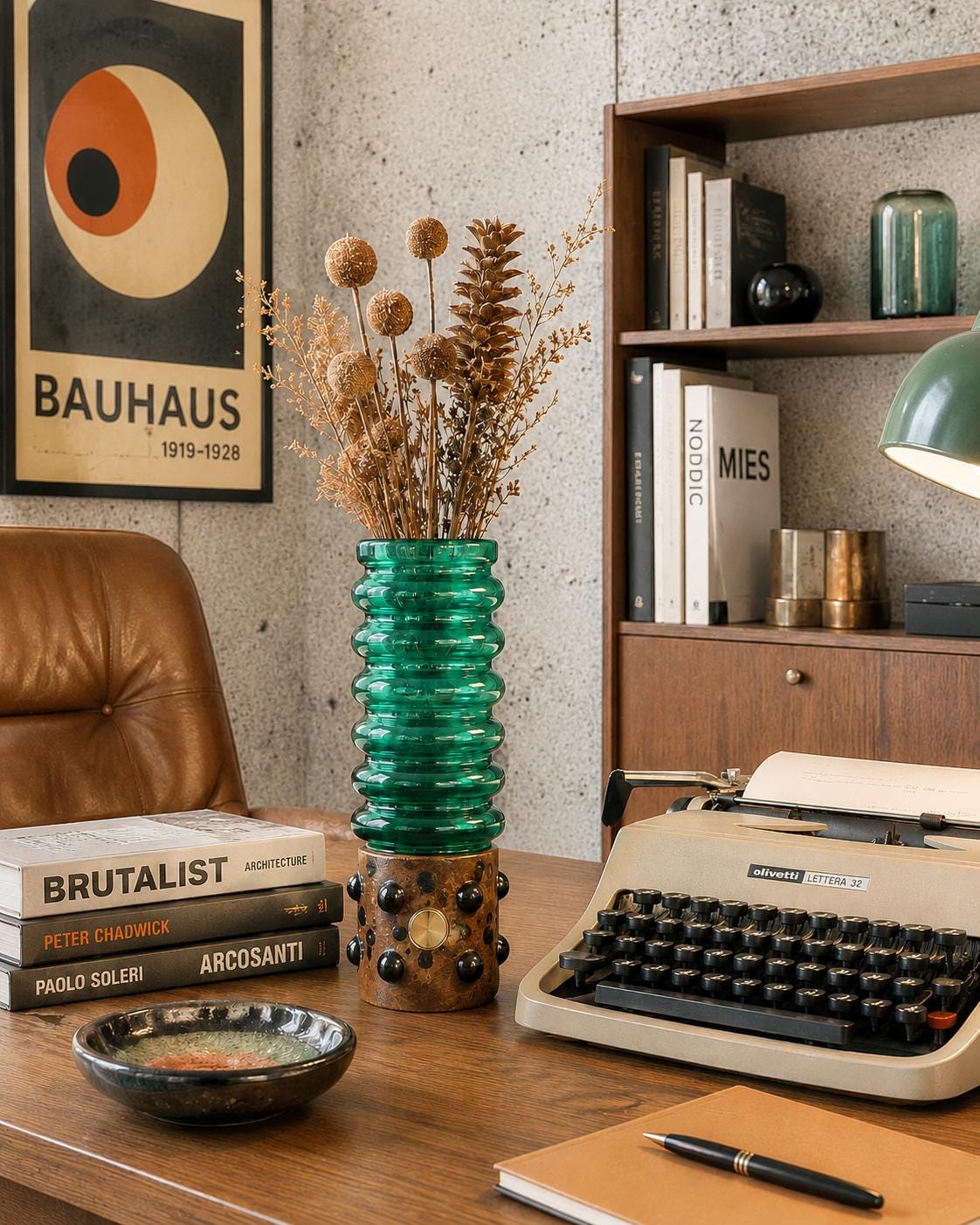 Vintage DRIBURG KRISTALL Handled Green Ribbed Vase with Copper Base "Vercuna" Serie by Theodor Hoffmann (teha) 1960's