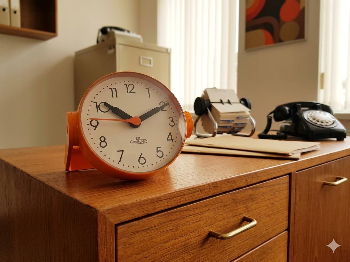 Vintage DIE HAUSUHR Orange Table Clock Adjustable Stand Desk Clock Space Age German Design 1970s