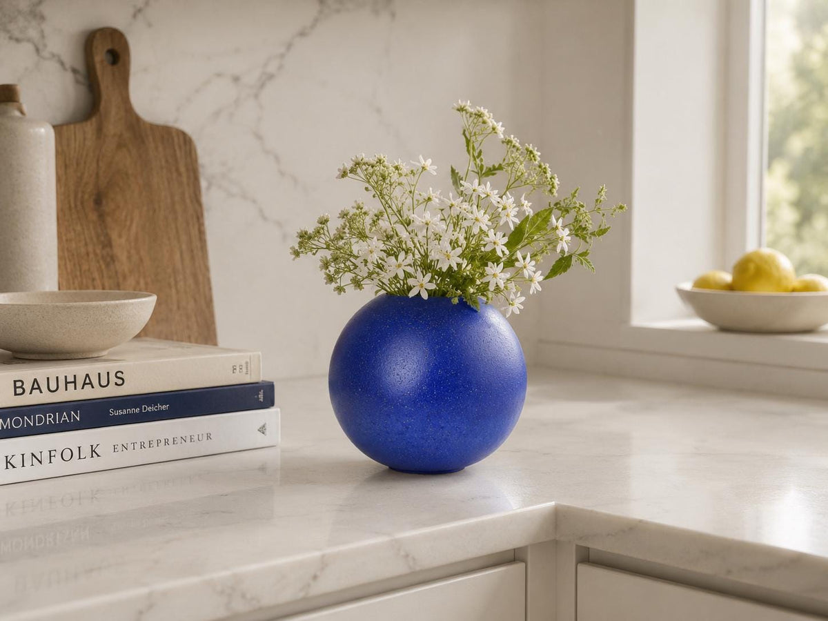 Vintage RUSCHA KERAMIK Matte Blue Ball Vase 883/1 West German Pottery Fat Lava Era 1970s