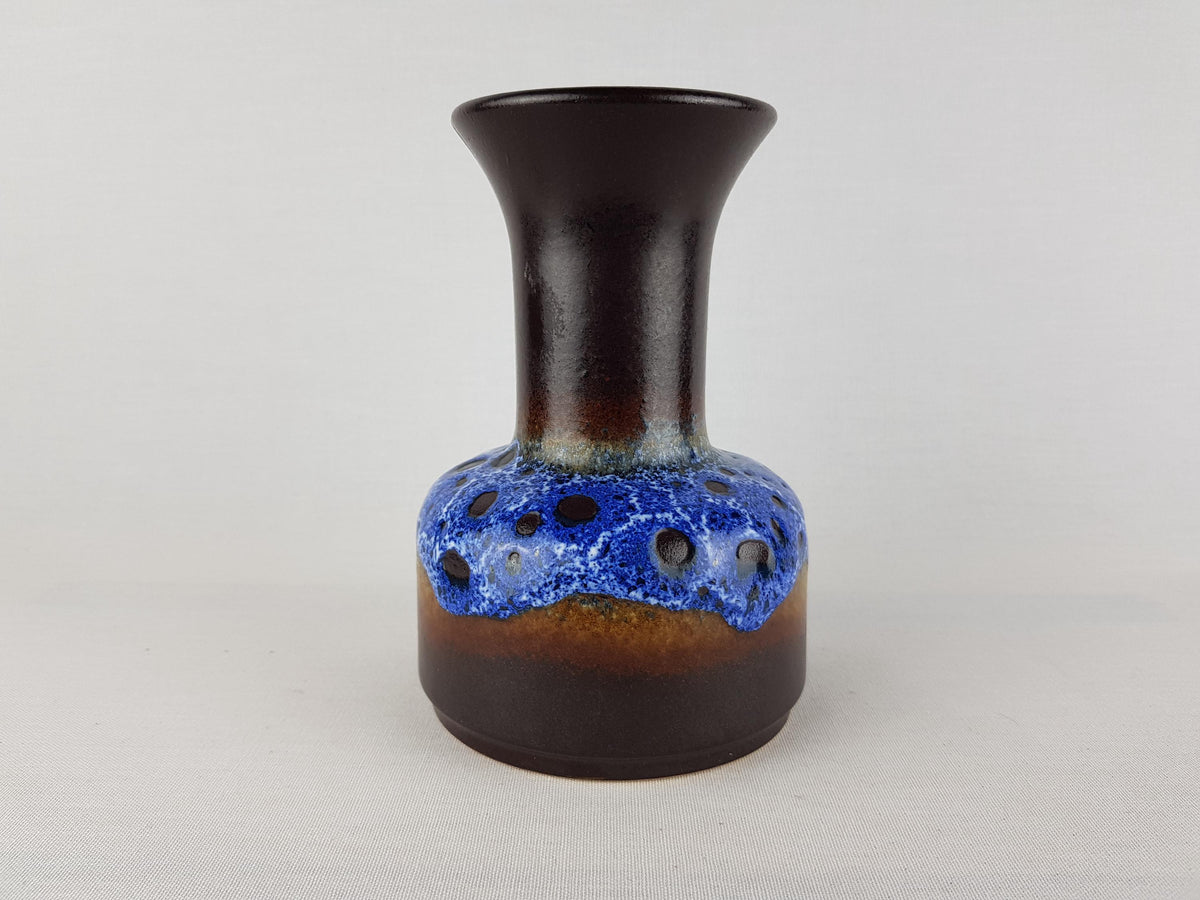 Vintage JASBA Blue and Brown Fat Lava Trumpet Vase N602 10 16 West German Pottery 1970s