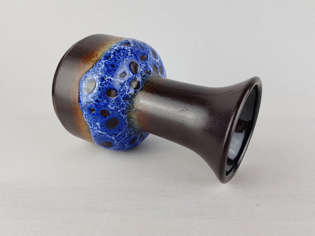 Vintage JASBA Blue and Brown Fat Lava Trumpet Vase N602 10 16 West German Pottery 1970s