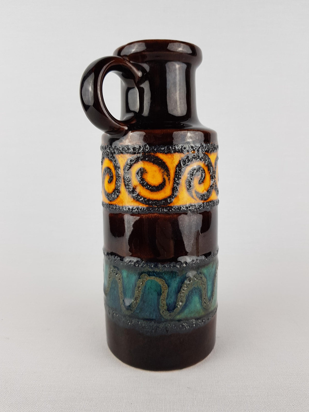 Vintage SCHEURICH Keramik Brown, Orange and Teal Fat Lava vase 401-20 West German Pottery 1970s