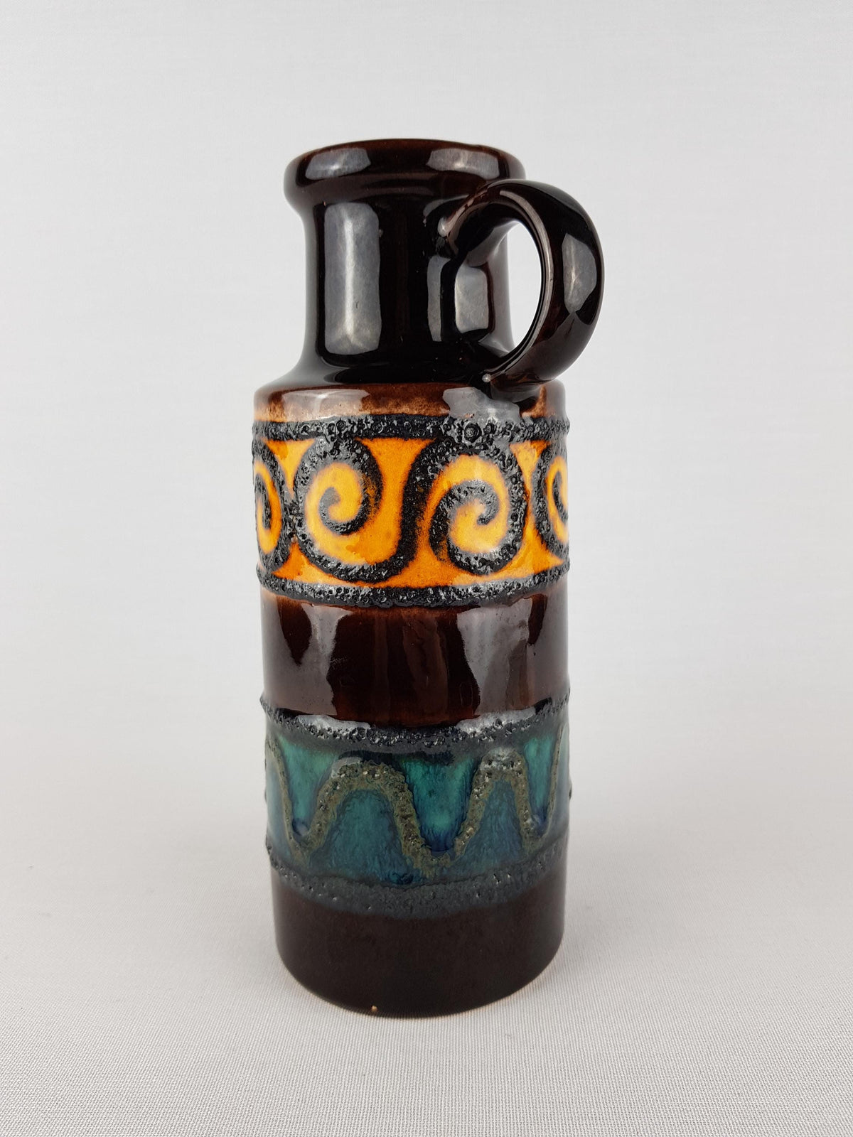 Vintage SCHEURICH Keramik Brown, Orange and Teal Fat Lava vase 401-20 West German Pottery 1970s