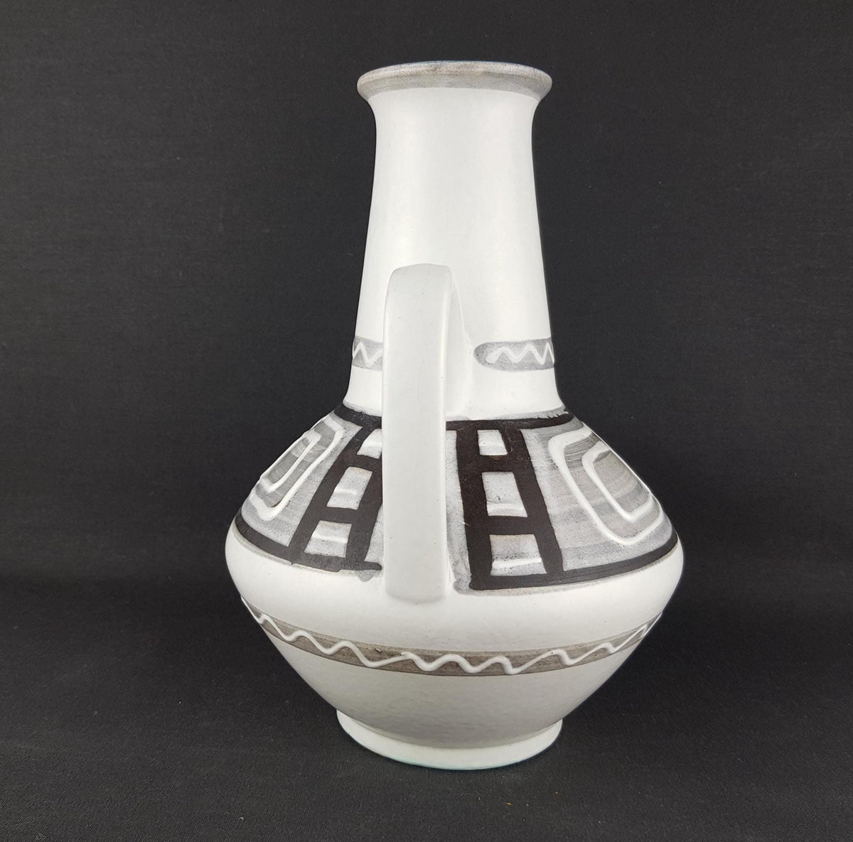 Vintage CARSTENS KERAMIK White and Grey Vase with Geometric Decor by Heinz Siery 1507-27 West German Pottery 1960s
