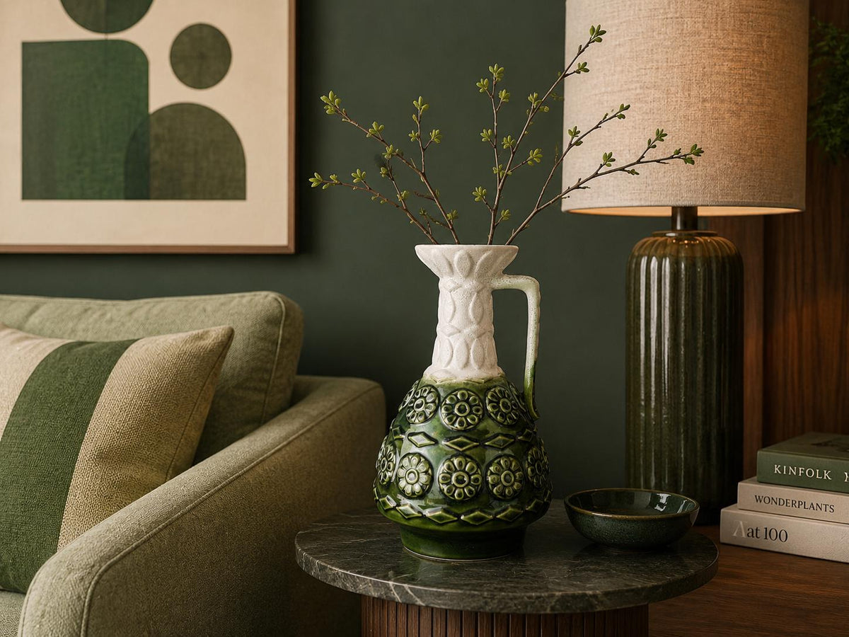Vintage BAY KERAMIK Beige and Green Vase 77-25 "Fünen" Decor Töpfermeister-series by Ernst Stauber, West German Pottery 1970s