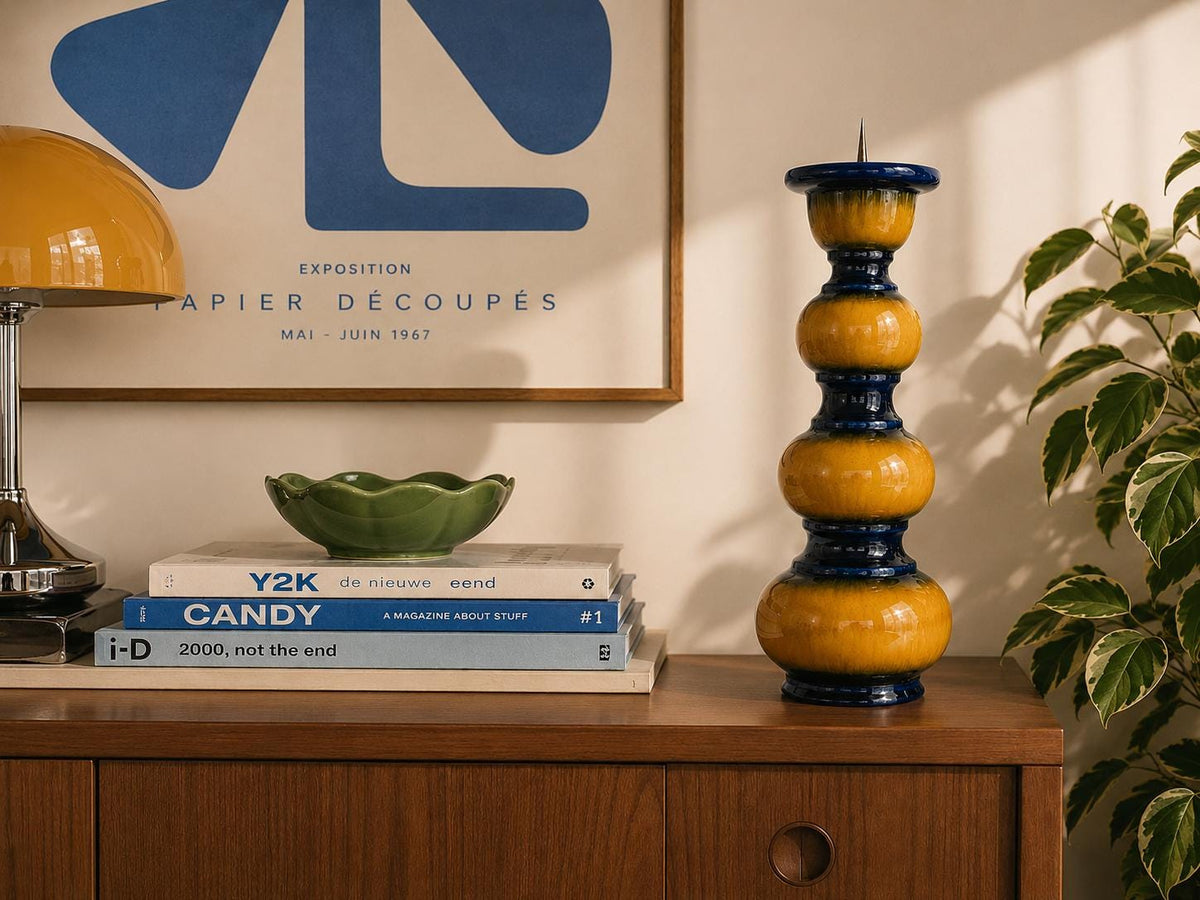 Vintage JASBA KERAMIK Yellow and Blue Hooped Candle Holder Lamp Foot West-Germany 1970s