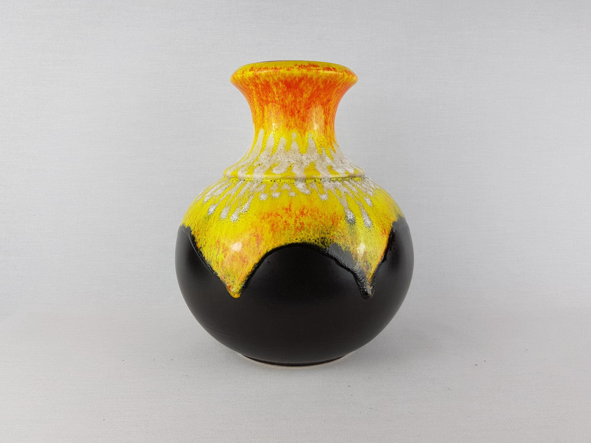 Vintage BAY KERAMIK Brown, Yellow and Orange Vase With White Fat Lava Decor 66 25 West German Pottery 1960 70s