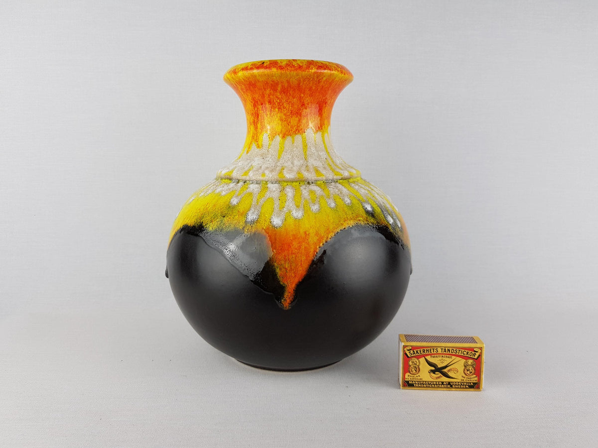 Vintage BAY KERAMIK Brown, Yellow and Orange Vase With White Fat Lava Decor 66 25 West German Pottery 1960 70s