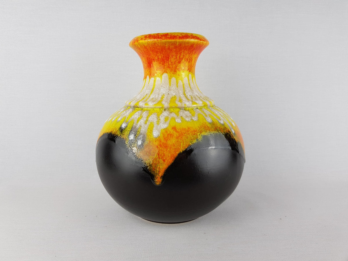 Vintage BAY KERAMIK Brown, Yellow and Orange Vase With White Fat Lava Decor 66 25 West German Pottery 1960 70s
