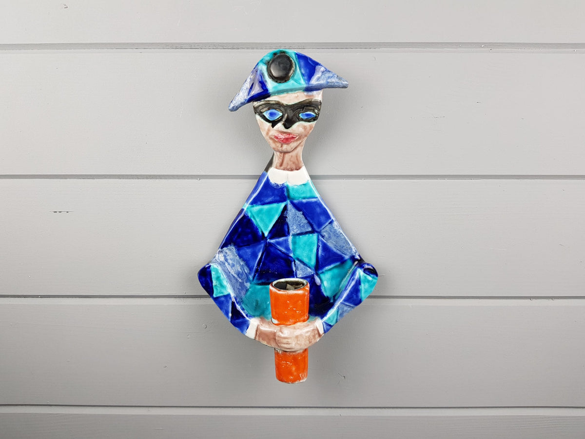 Vintage ELIO SCHIAVON Italian Hand Painted Harlequin Candle Holder or Lamp Italian Pottery 1960s