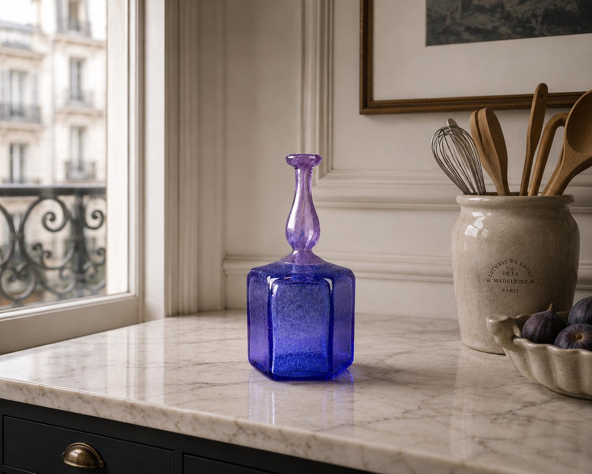 Vintage KOSTA BODA "Antikva" Purple & Blue Six-Sided Glass Vase Signed by Bertil Vallien 1977 Artist Collection