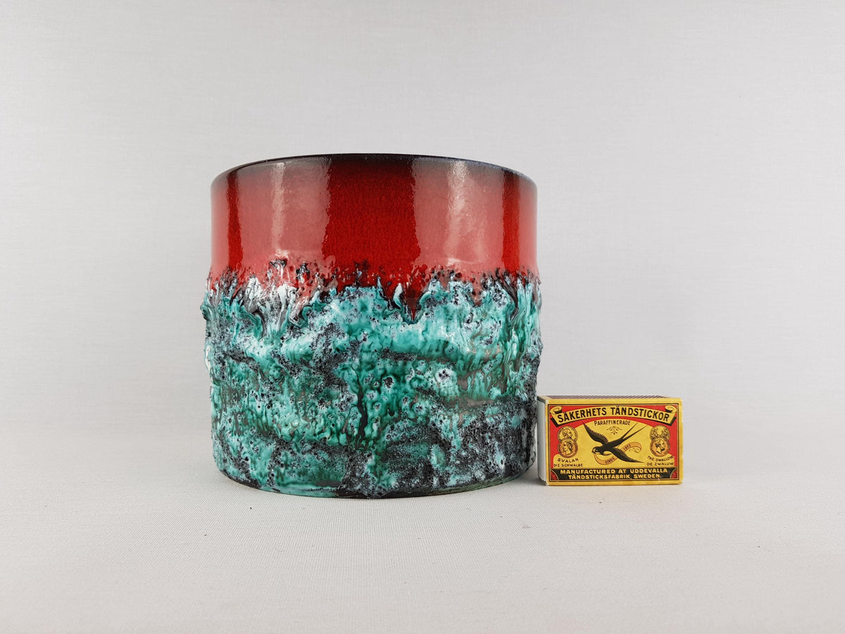 Vintage MAREI KERAMIK Planter / Cache Pot “Vulcano” Decor – Red, Green and Black Fat Lava – West German Pottery 1967