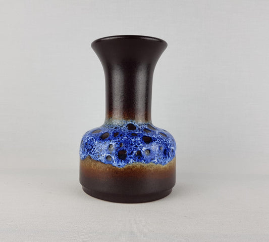 Vintage JASBA Blue and Brown Fat Lava Trumpet Vase N602 10 16 West German Pottery 1970s