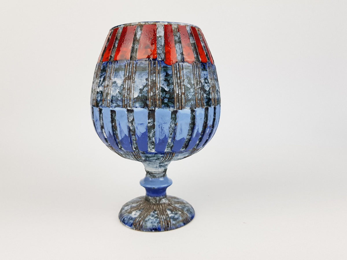 Vintage Blue Red Striped Chalice Goblet Planter Italian Pottery attributed to FRATELLI FANCIULACCI 1960s
