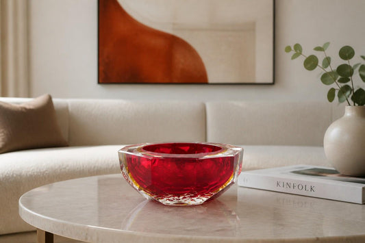 Vintage MURANO Sommerso Glass Bowl Alessandro Mandruzzato Red Yellow Frosted Art Glass Italy 1960s