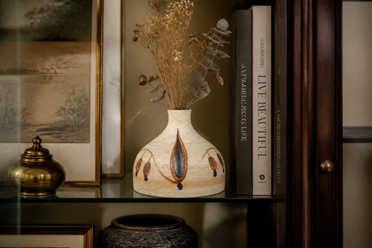 Vintage SGRAFO Beige and Brown Vase with Abstract Leaf decor West Germany 1970s