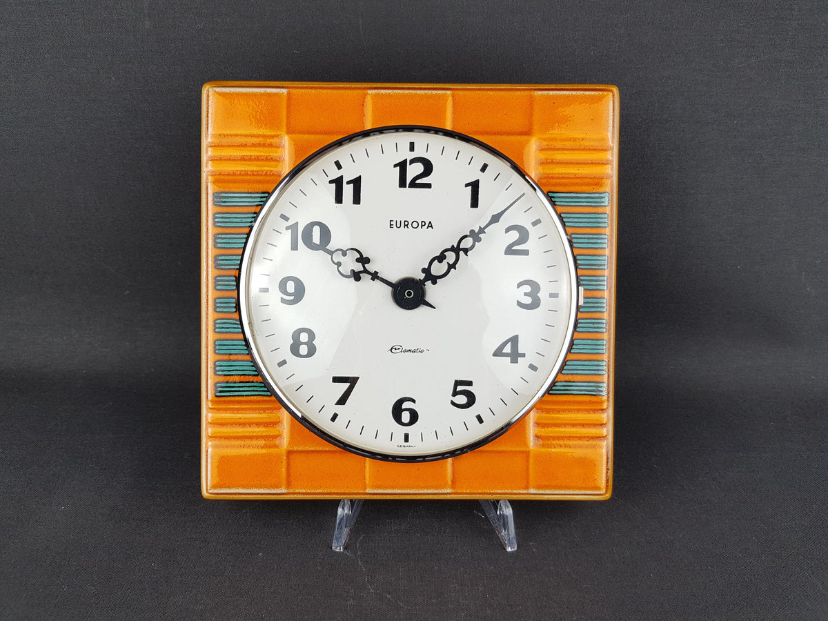 Vintage EUROPA Kitchen Clock - Orange & Green Ceramic Battery Clock - West German Pottery 70s
