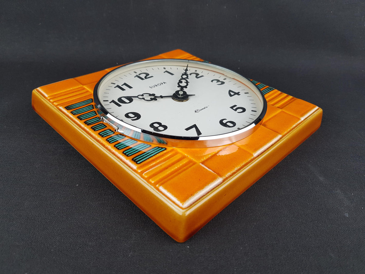 Vintage EUROPA Kitchen Clock - Orange & Green Ceramic Battery Clock - West German Pottery 70s