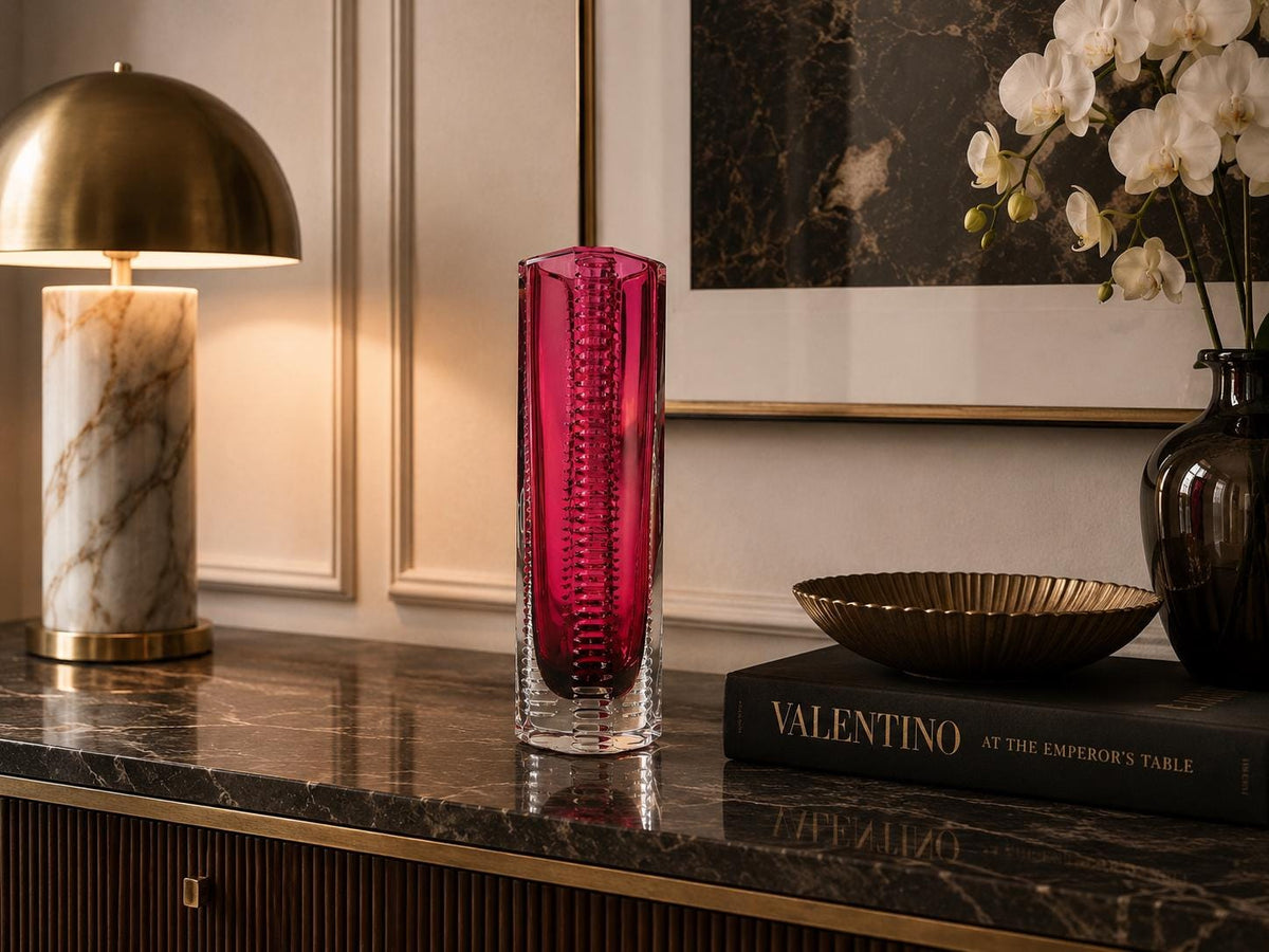 Vintage BEYER & CO Kristallglasfabriken Sinfonie Vase Magenta Pink Cut Crystal Glass Vase Germany 1961