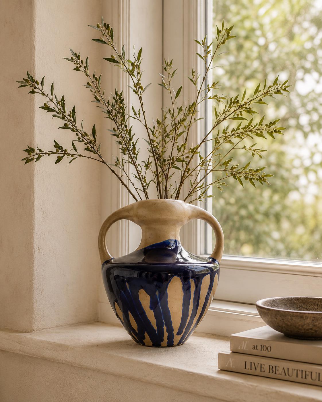 Vintage MAREI KERAMIK Double Handled Blue and Beige Vase with "Caprice" Decor 9302 West German Pottery 1970s