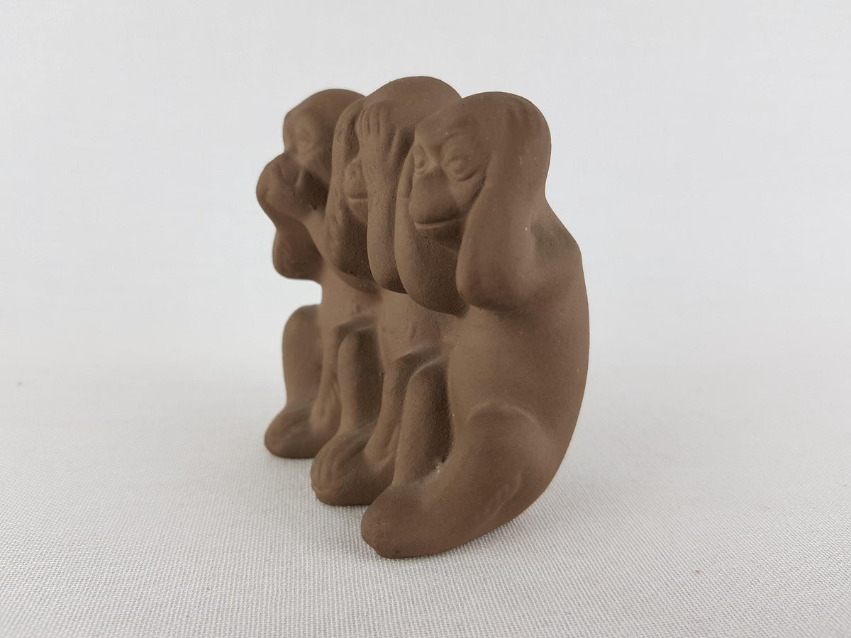 Vintage KARLSRUHER MAJOLIKA Three Wise Monkeys Figurine by Max Heinze West German Pottery 1950s
