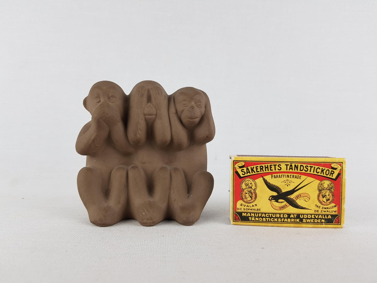 Vintage KARLSRUHER MAJOLIKA Three Wise Monkeys Figurine by Max Heinze West German Pottery 1950s
