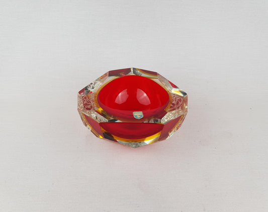 Vintage MURANO Sommerso Glass Bowl Alessandro Mandruzzato Red Yellow Frosted Art Glass Italy 1960s