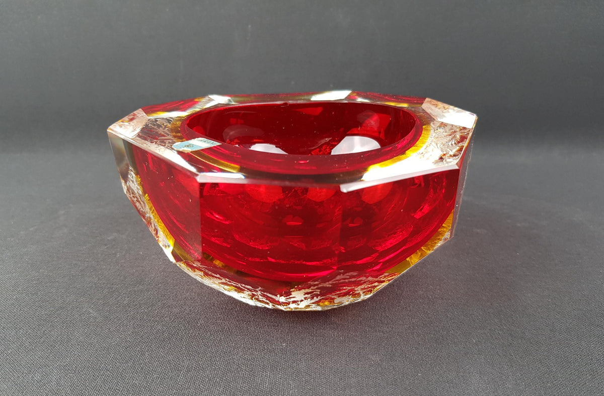 Vintage MURANO Sommerso Glass Bowl Alessandro Mandruzzato Red Yellow Frosted Art Glass Italy 1960s