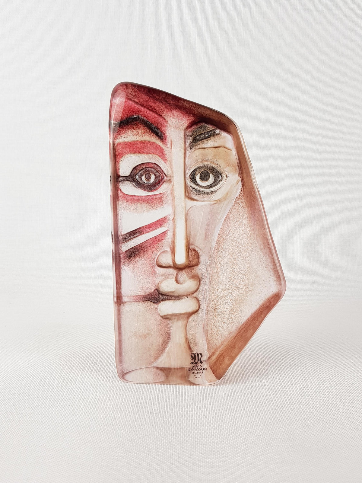 Vintage Mats Jonasson Målerås Sweden "Geno" Crystal Face Mask – Model 65103 – Swedish Art Glass Paperweight Sculpture – Signed & Numbered
