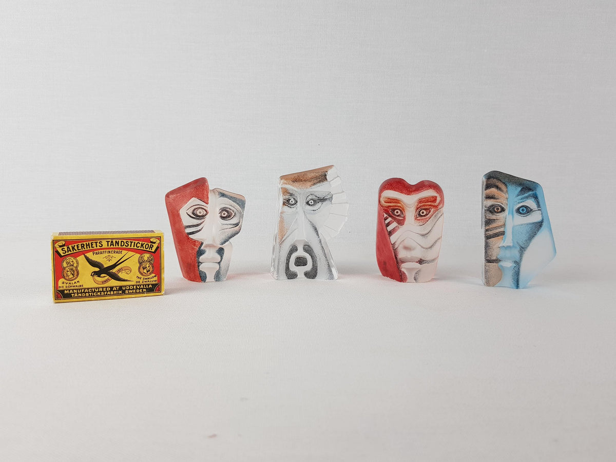 Set of 4 Vintage Mats Jonasson Målerås Sweden "Geno" Crystal Face Masks Swedish Art Glass Paperweight Sculptures – Signed & Numbered
