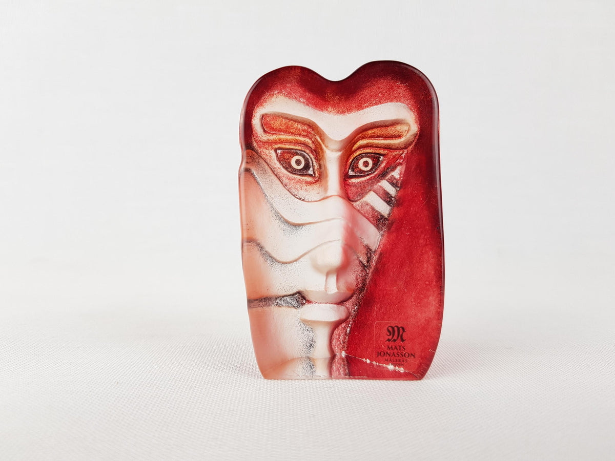 Set of 4 Vintage Mats Jonasson Målerås Sweden "Geno" Crystal Face Masks Swedish Art Glass Paperweight Sculptures – Signed & Numbered