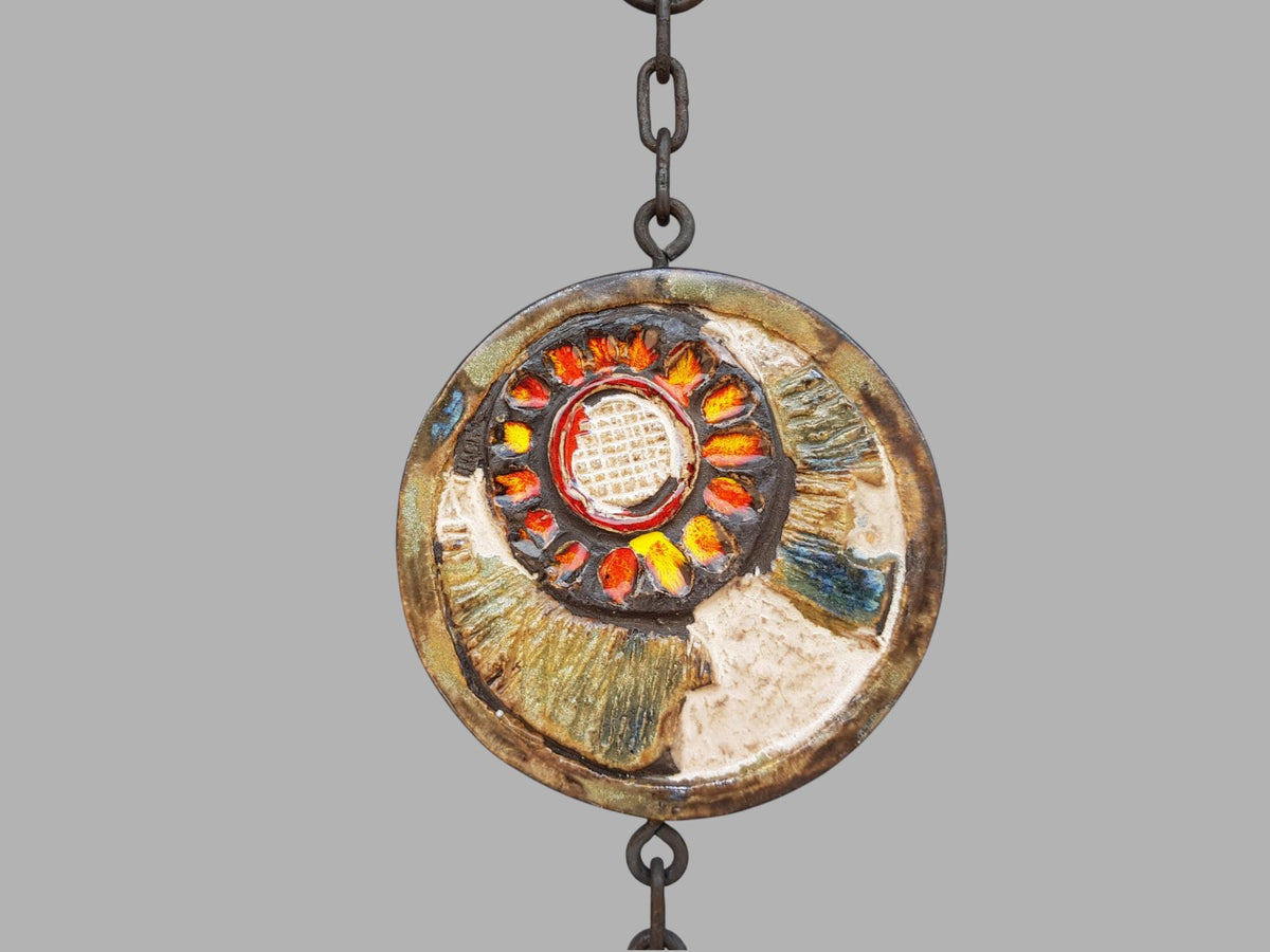 Vintage RUSCHA KERAMIK Wall Hanger with Chain and 3 tiles with 3D flower decor West German Pottery 1960-70s
