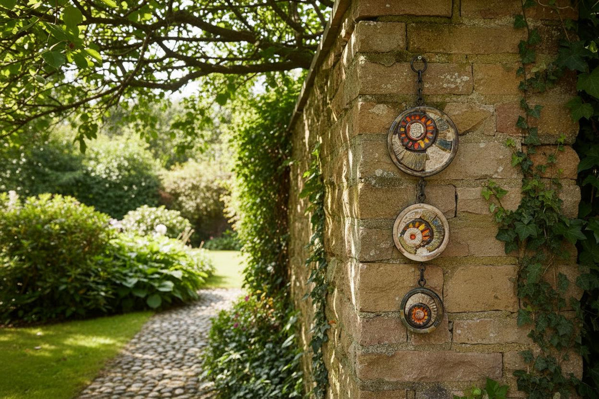Vintage RUSCHA KERAMIK Wall Hanger with Chain and 3 tiles with 3D flower decor West German Pottery 1960-70s