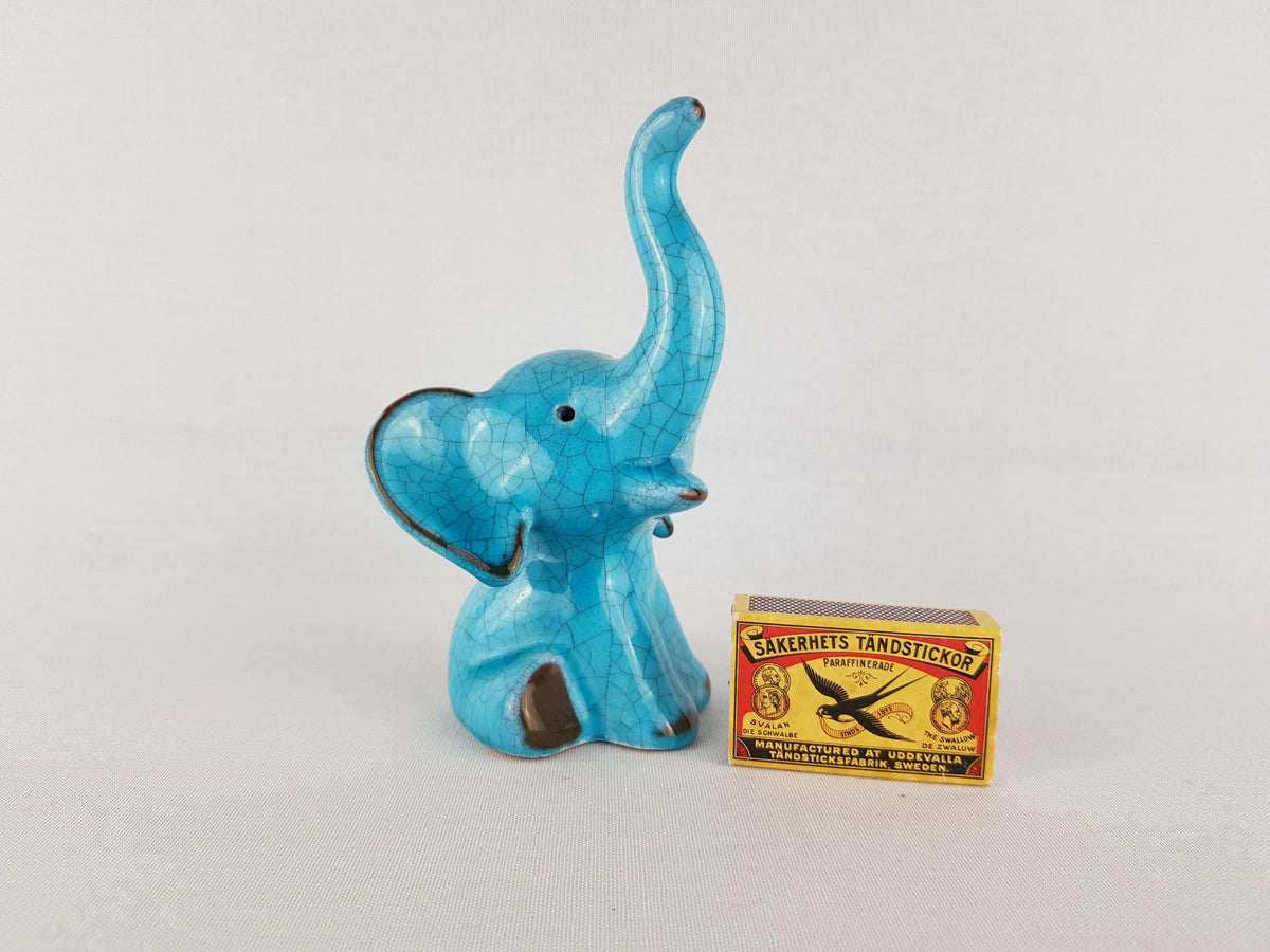 Vintage KARLSRUHER MAJOLIKA Blue Elephant Figurine Model 6551 by Walter Bosse West German Pottery 1950-60s