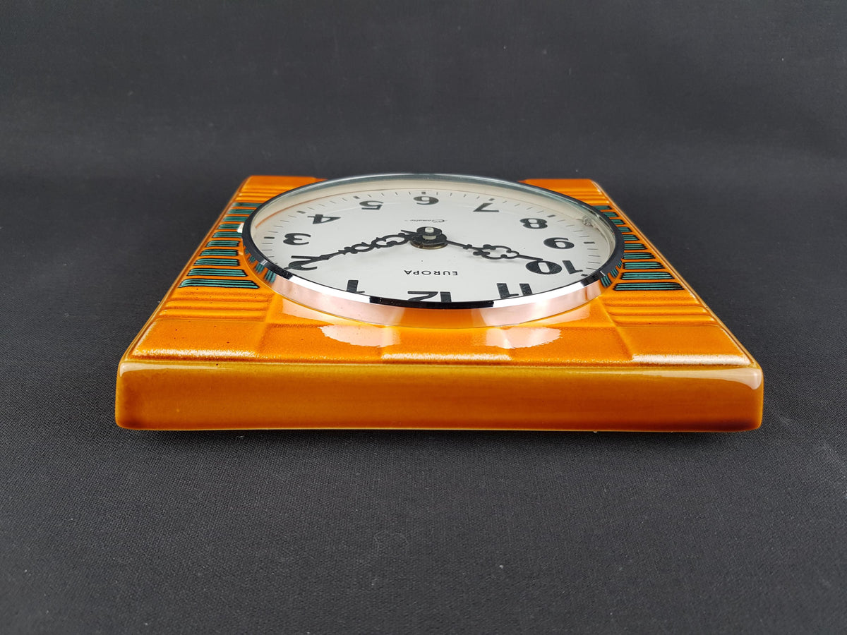 Vintage EUROPA Kitchen Clock - Orange & Green Ceramic Battery Clock - West German Pottery 70s