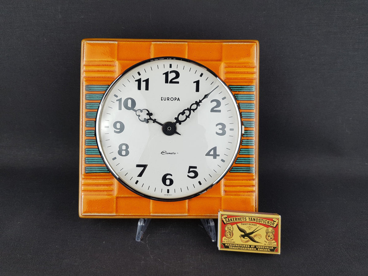 Vintage EUROPA Kitchen Clock - Orange & Green Ceramic Battery Clock - West German Pottery 70s