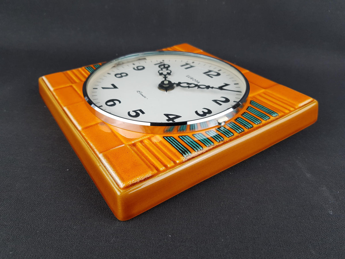Vintage EUROPA Kitchen Clock - Orange & Green Ceramic Battery Clock - West German Pottery 70s
