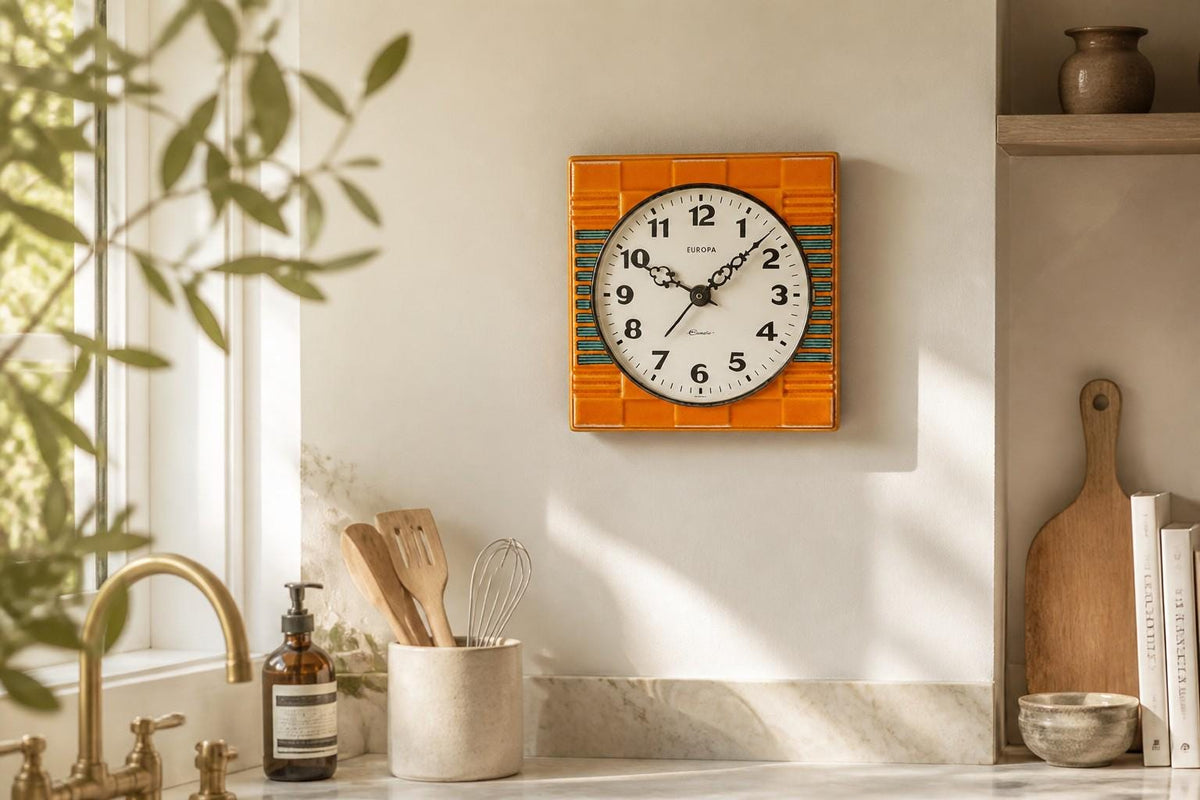 Vintage EUROPA Kitchen Clock - Orange & Green Ceramic Battery Clock - West German Pottery 70s