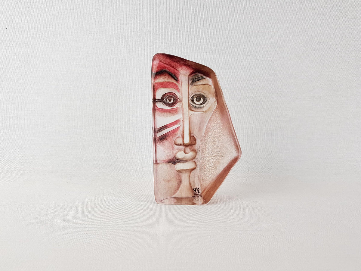 Vintage Mats Jonasson Målerås Sweden "Geno" Crystal Face Mask – Model 65103 – Swedish Art Glass Paperweight Sculpture – Signed & Numbered