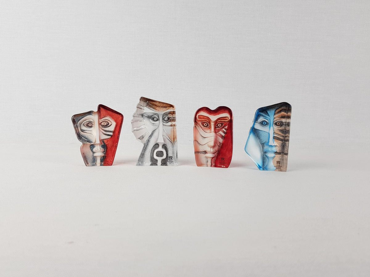 Set of 4 Vintage Mats Jonasson Målerås Sweden "Geno" Crystal Face Masks Swedish Art Glass Paperweight Sculptures – Signed & Numbered