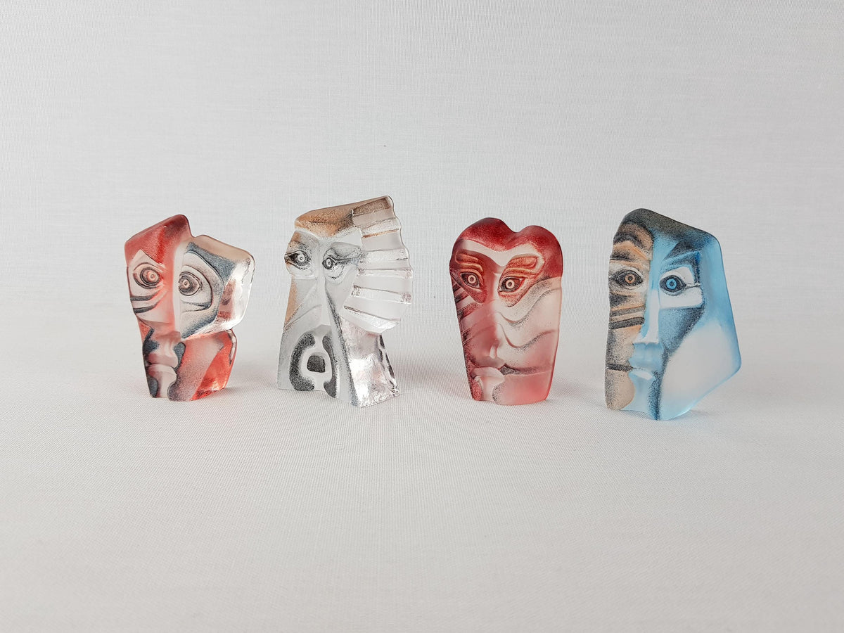 Set of 4 Vintage Mats Jonasson Målerås Sweden "Geno" Crystal Face Masks Swedish Art Glass Paperweight Sculptures – Signed & Numbered