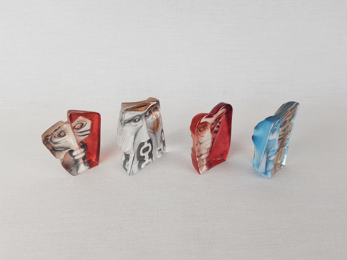 Set of 4 Vintage Mats Jonasson Målerås Sweden "Geno" Crystal Face Masks Swedish Art Glass Paperweight Sculptures – Signed & Numbered
