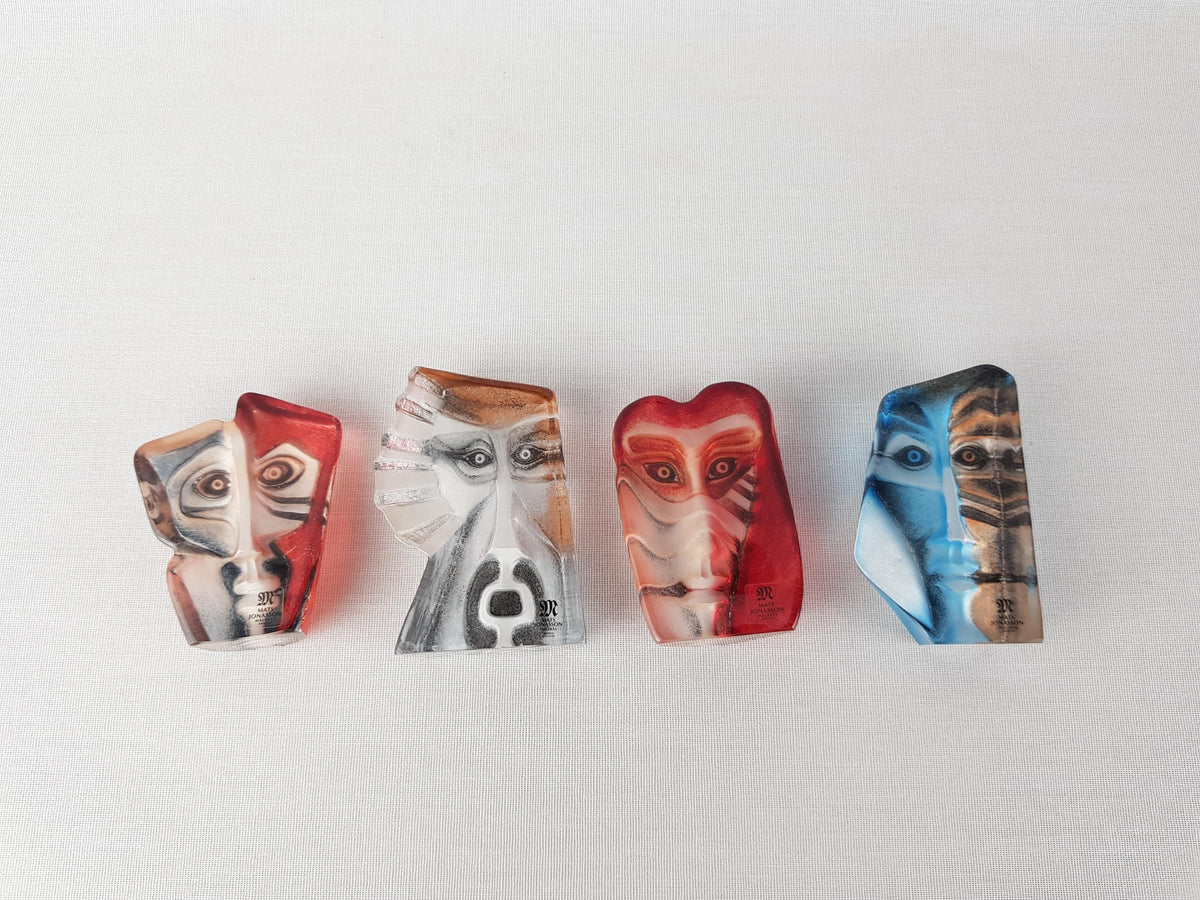 Set of 4 Vintage Mats Jonasson Målerås Sweden "Geno" Crystal Face Masks Swedish Art Glass Paperweight Sculptures – Signed & Numbered