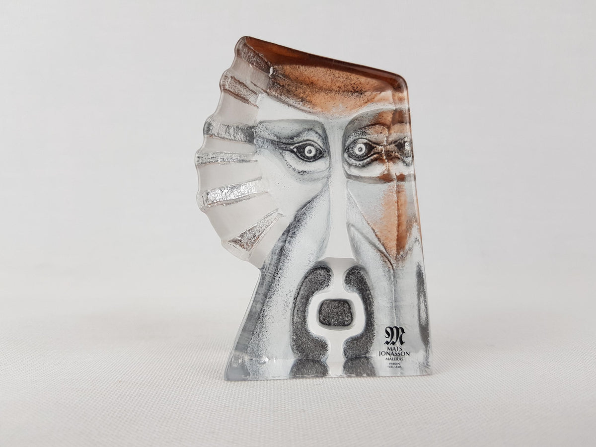 Set of 4 Vintage Mats Jonasson Målerås Sweden "Geno" Crystal Face Masks Swedish Art Glass Paperweight Sculptures – Signed & Numbered