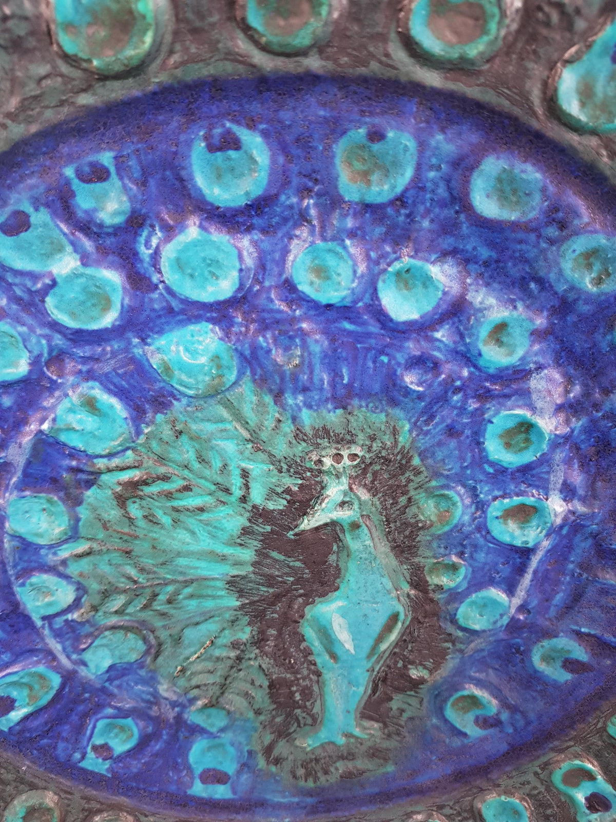 XXL Vintage CERAMANO "Pfau" Peacock Wall Plate Model 805 West German Pottery 1960s