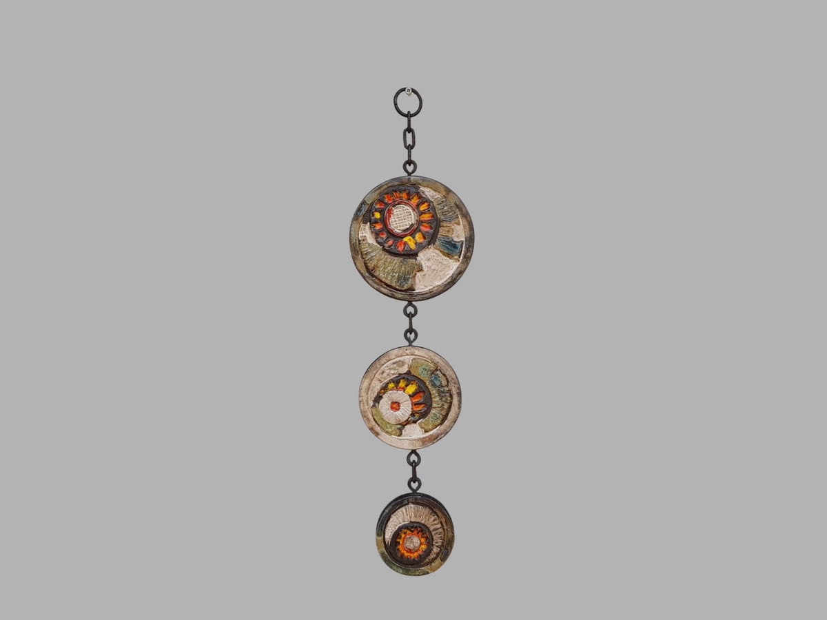 Vintage RUSCHA KERAMIK Wall Hanger with Chain and 3 tiles with 3D flower decor West German Pottery 1960-70s